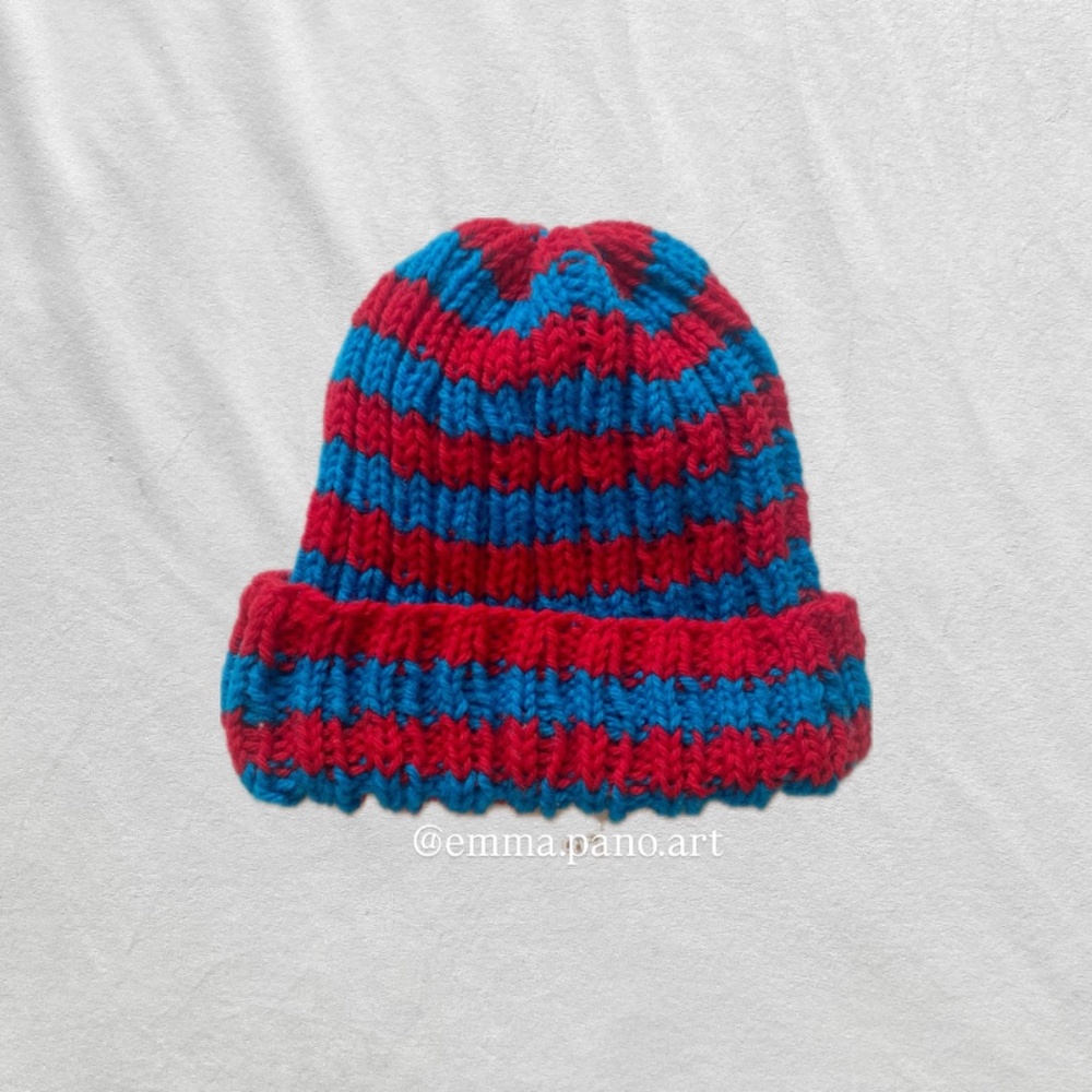 red blue striped hand knit ribbed beanie
